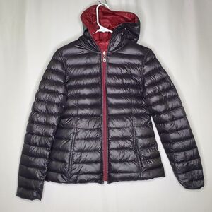 Nautica Packable Down Puffer Jacket Women Medium Reversible Hood Zip Red Black